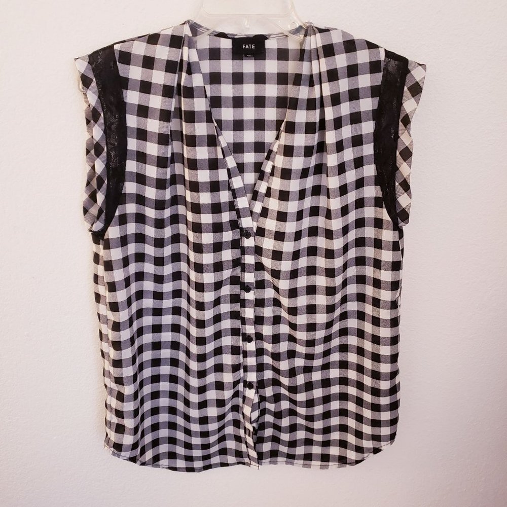 Fate Black and White Buffalo Check Pullover Lightweight Sleeveless Top Sz L EUC